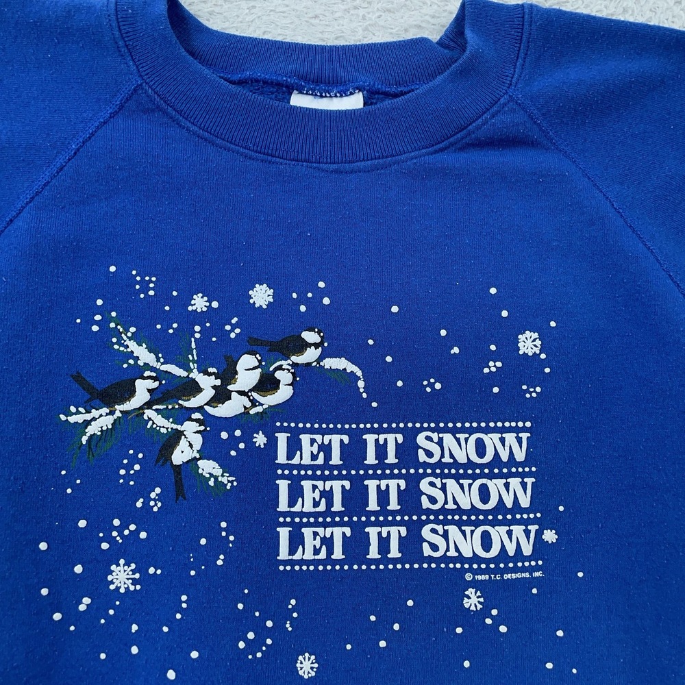 Vintage‎ Let It Snow Birds Sweatshirt Mens Small Winter Blue Made USA 90s